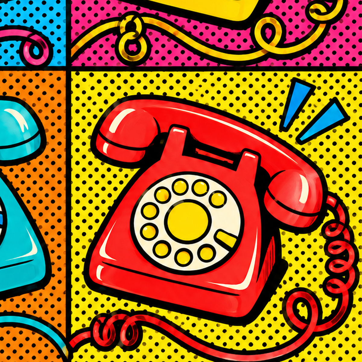 Retro Pop Art Telefonlar Poster – Canlı 4 Bölmeli Tasarım — baskının yakın çekimi, kâğıt dokusu ve renk detayı