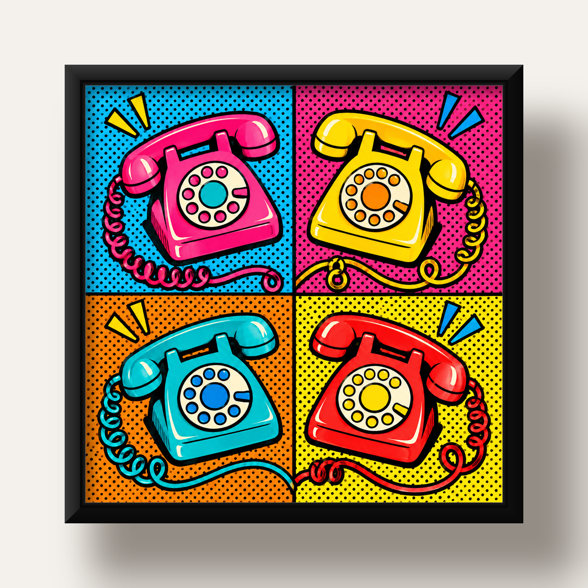 Retro Pop Art Telefonlar Poster – Canlı 4 Bölmeli Tasarım — siyah derin çerçeveli