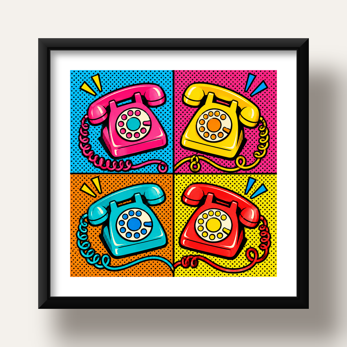 Retro Pop Art Telefonlar Poster – Canlı 4 Bölmeli Tasarım — siyah derin çerçeveli paspartulu