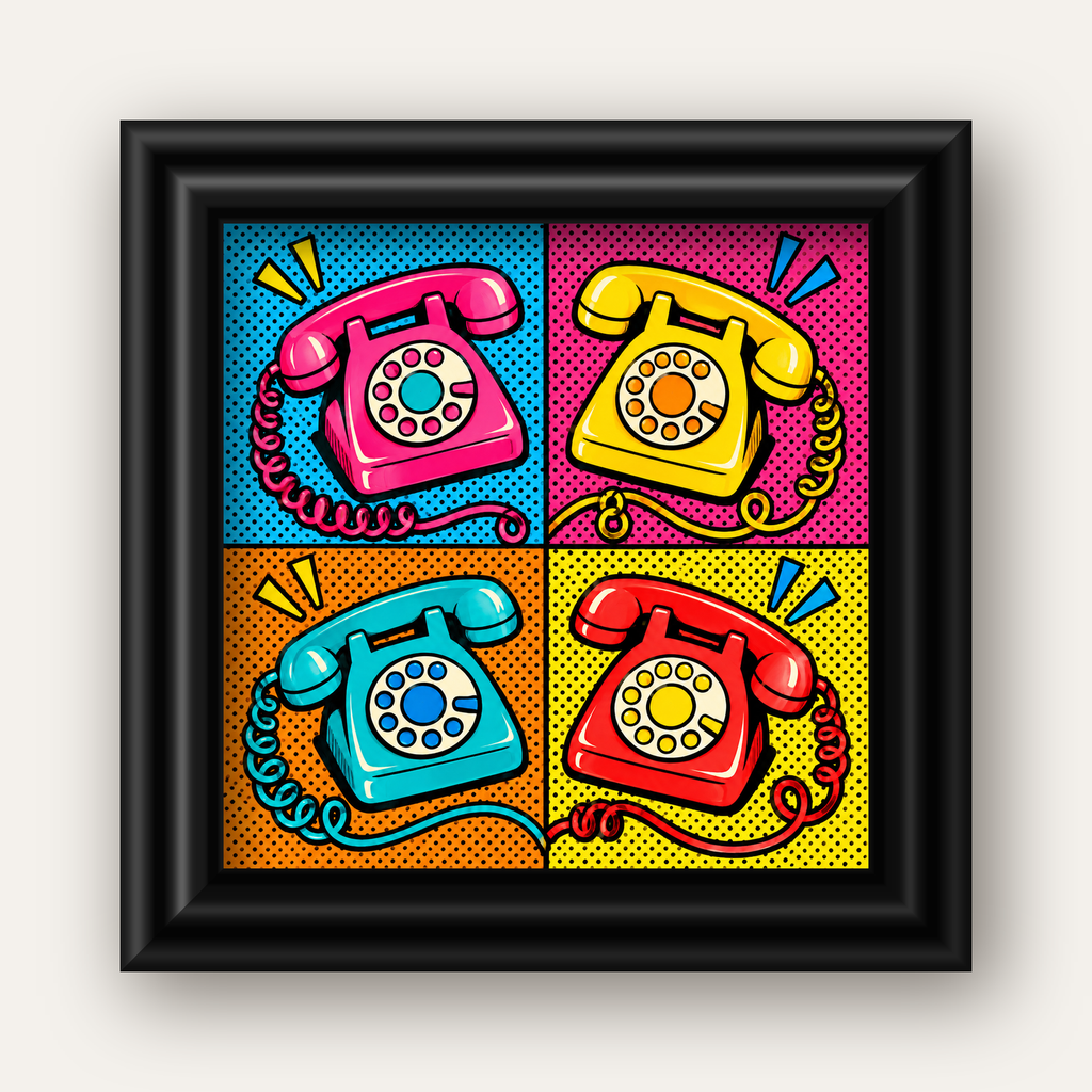 Retro Pop Art Telefonlar Poster – Canlı 4 Bölmeli Tasarım — siyah galeri çerçeveli