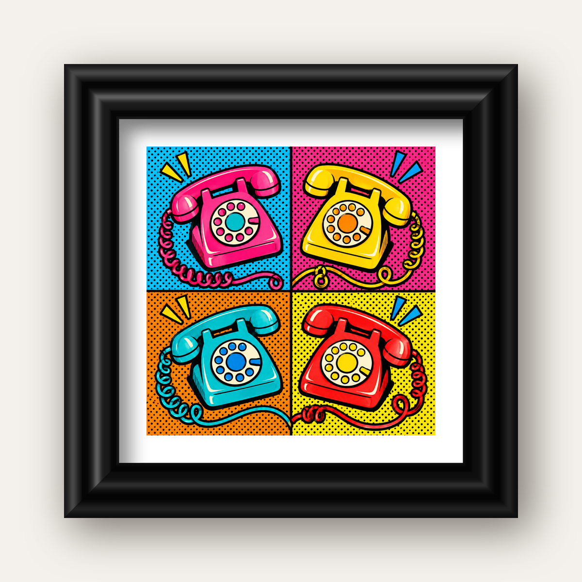 Retro Pop Art Telefonlar Poster – Canlı 4 Bölmeli Tasarım — siyah galeri çerçeveli paspartulu