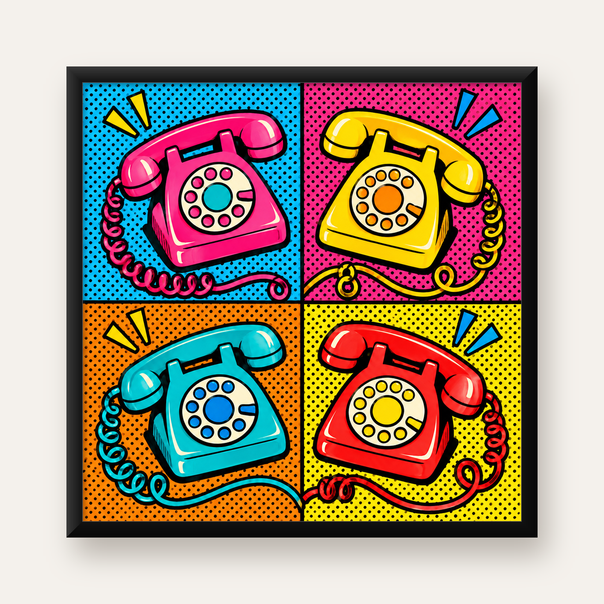 Retro Pop Art Telefonlar Poster – Canlı 4 Bölmeli Tasarım — Kare baskı, düz siyah çerçeveli duvar posteri