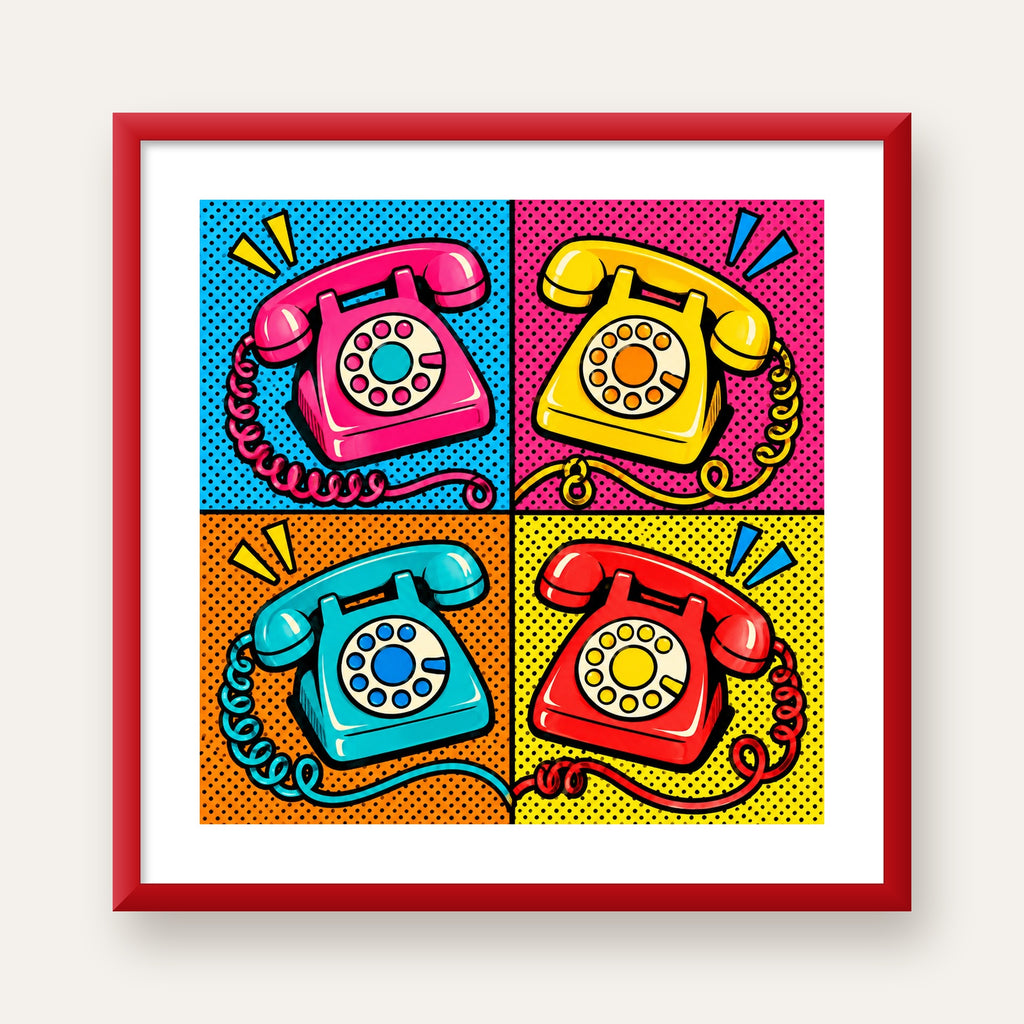 Retro Pop Art Telefonlar Poster – Canlı 4 Bölmeli Tasarım — kırmızı çerçeveli paspartulu