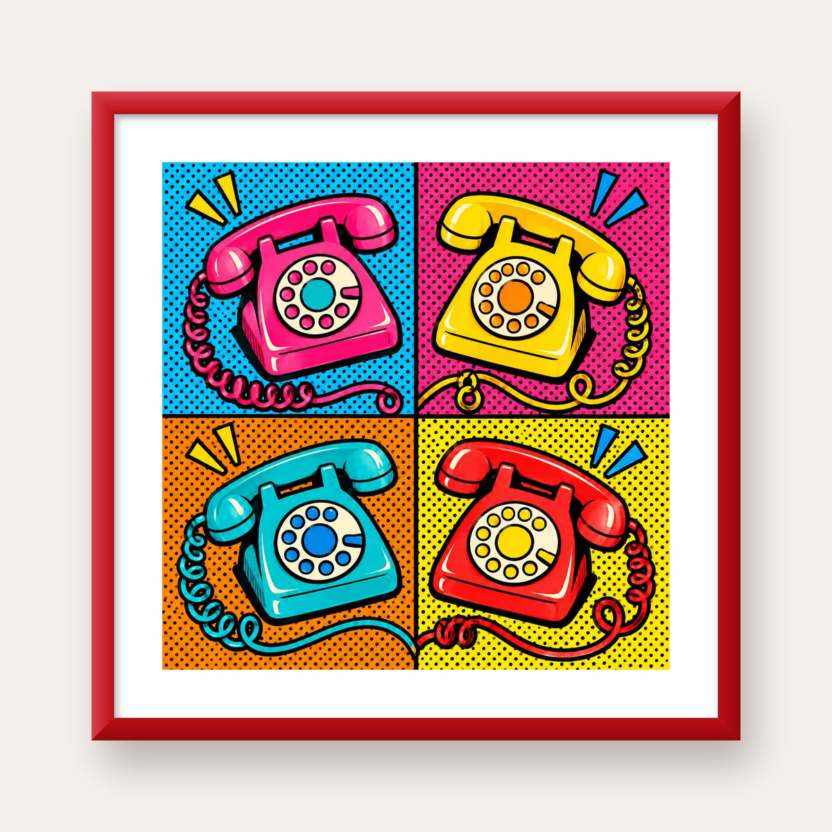 Retro Pop Art Telefonlar Poster – Canlı 4 Bölmeli Tasarım — kırmızı çerçeveli paspartulu
