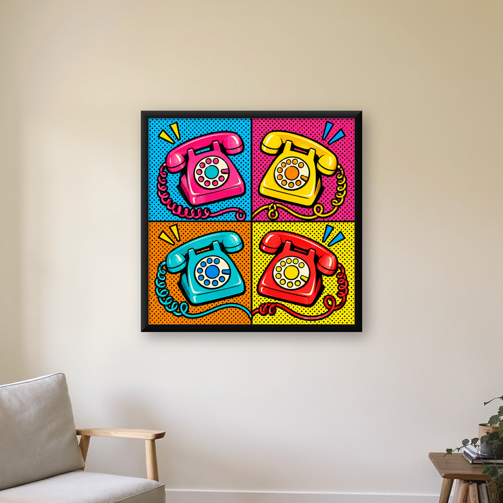 Retro Pop Art Telefonlar Poster – Canlı 4 Bölmeli Tasarım — Kare baskı, çerçeveli hâliyle bir ev duvarında