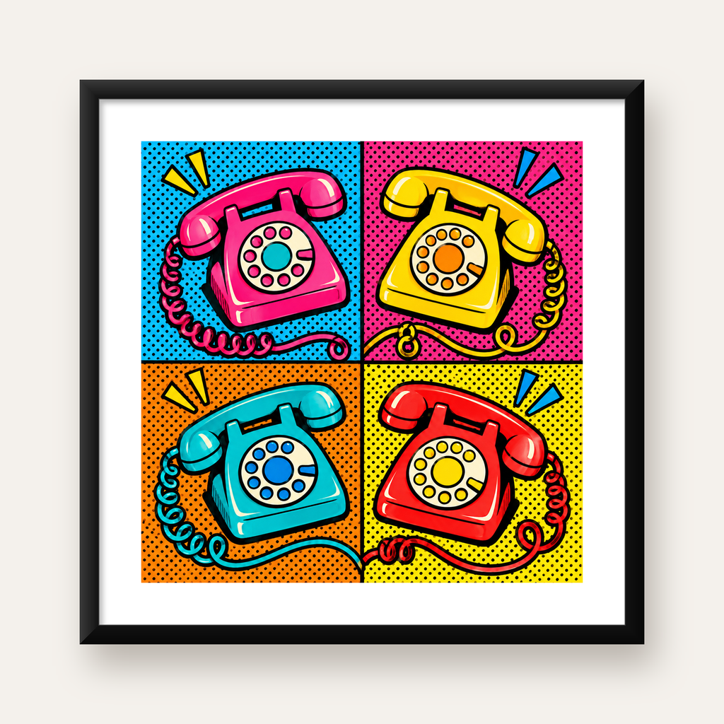 Retro Pop Art Telefonlar Poster – Canlı 4 Bölmeli Tasarım — Kare baskı, beyaz paspartulu