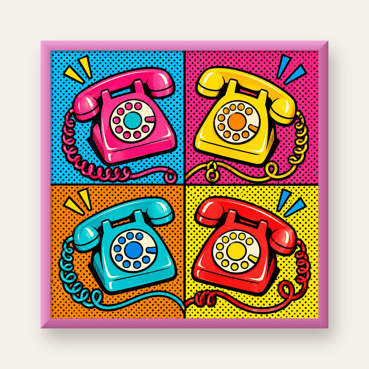Retro Pop Art Telefonlar Poster – Canlı 4 Bölmeli Tasarım — pembe çerçeveli