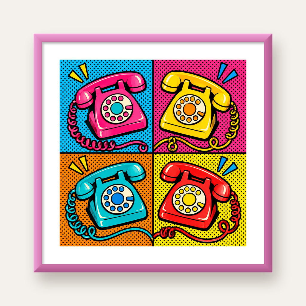 Retro Pop Art Telefonlar Poster – Canlı 4 Bölmeli Tasarım — pembe çerçeveli paspartulu