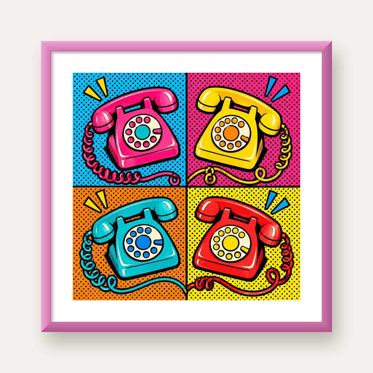 Retro Pop Art Telefonlar Poster – Canlı 4 Bölmeli Tasarım — pembe çerçeveli paspartulu