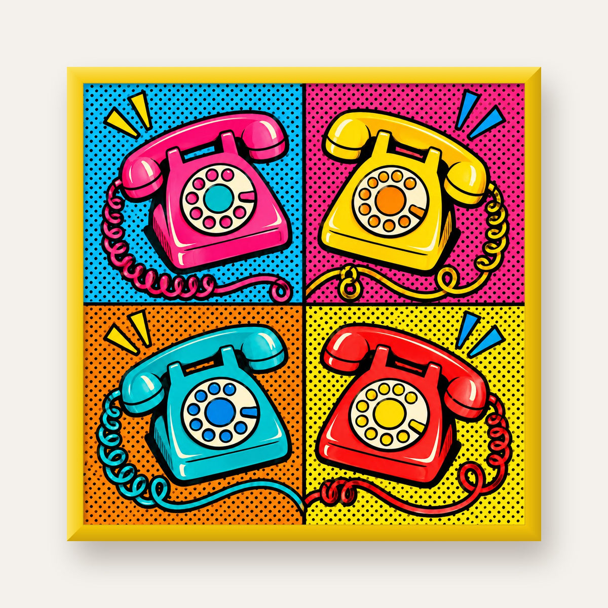 Retro Pop Art Telefonlar Poster – Canlı 4 Bölmeli Tasarım — sarı çerçeveli