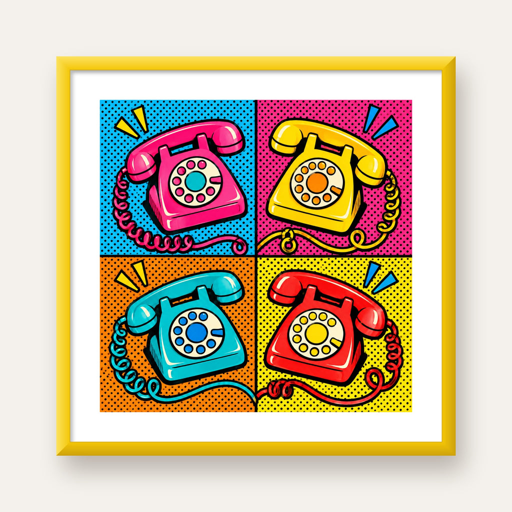 Retro Pop Art Telefonlar Poster – Canlı 4 Bölmeli Tasarım — sarı çerçeveli paspartulu