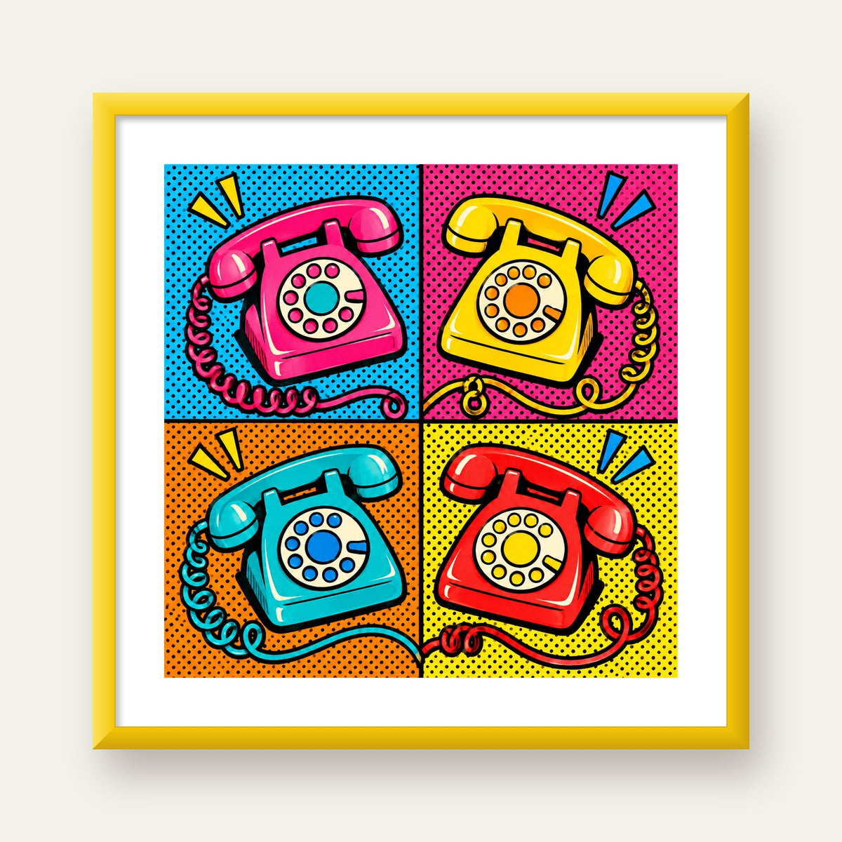 Retro Pop Art Telefonlar Poster – Canlı 4 Bölmeli Tasarım — sarı çerçeveli paspartulu