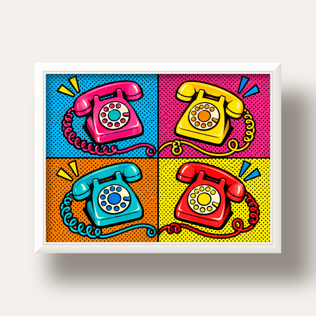 Retro Pop Art Telefonlar Poster – Canlı 4 Bölmeli Tasarım — beyaz derin çerçeveli