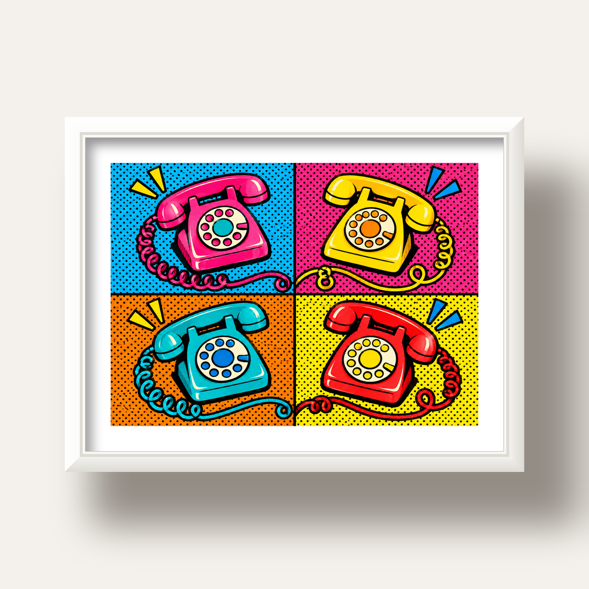 Retro Pop Art Telefonlar Poster – Canlı 4 Bölmeli Tasarım — beyaz derin çerçeveli paspartulu