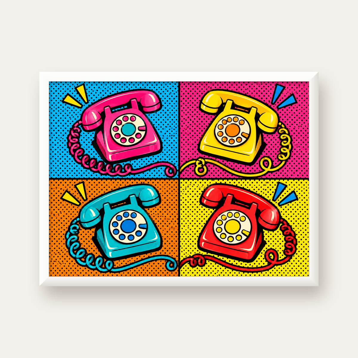 Retro Pop Art Telefonlar Poster – Canlı 4 Bölmeli Tasarım — beyaz çerçeveli yatay poster