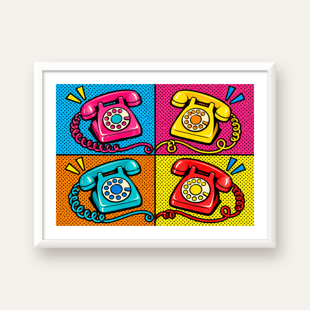 Retro Pop Art Telefonlar Poster – Canlı 4 Bölmeli Tasarım — beyaz çerçeveli yatay poster