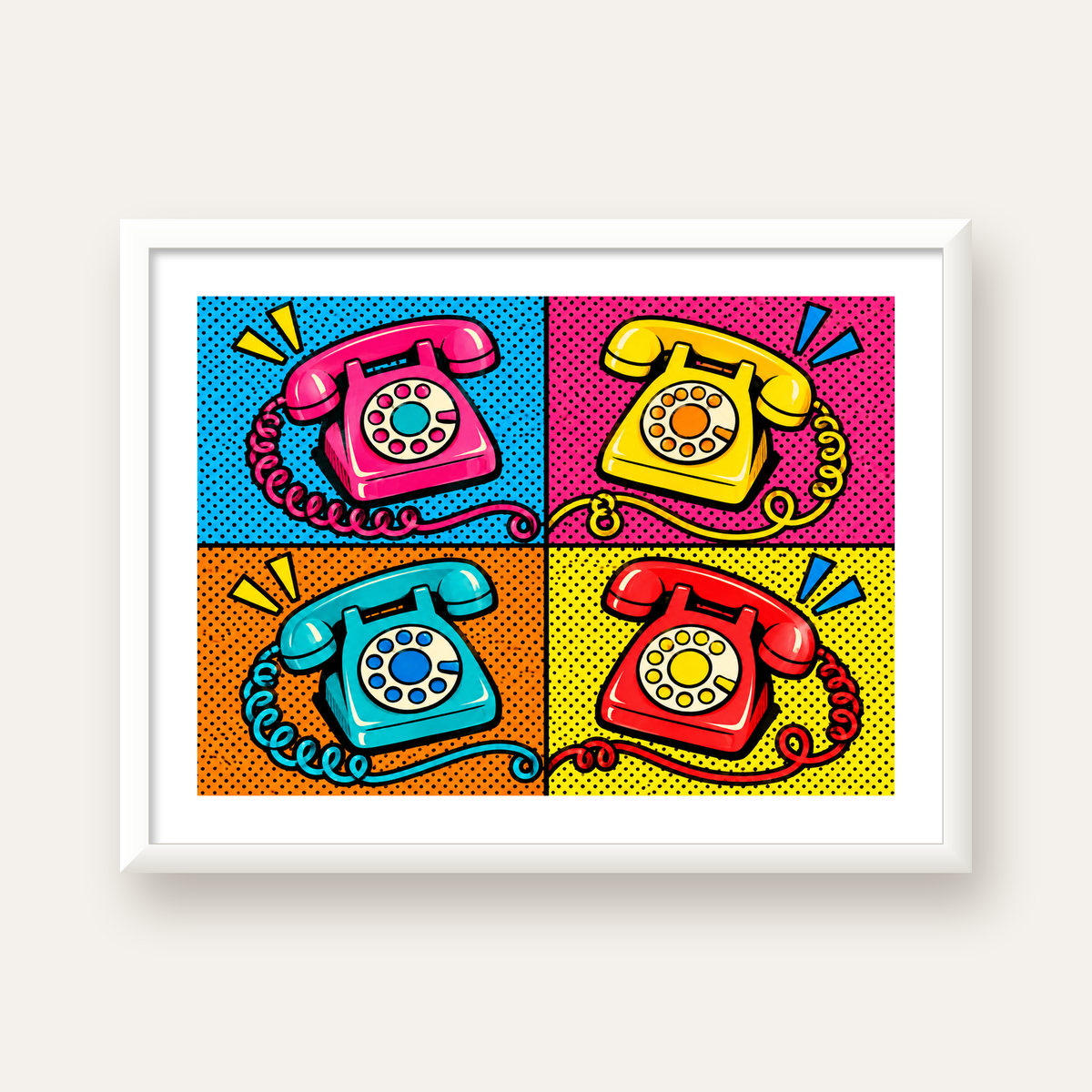 Retro Pop Art Telefonlar Poster – Canlı 4 Bölmeli Tasarım — beyaz çerçeveli yatay poster