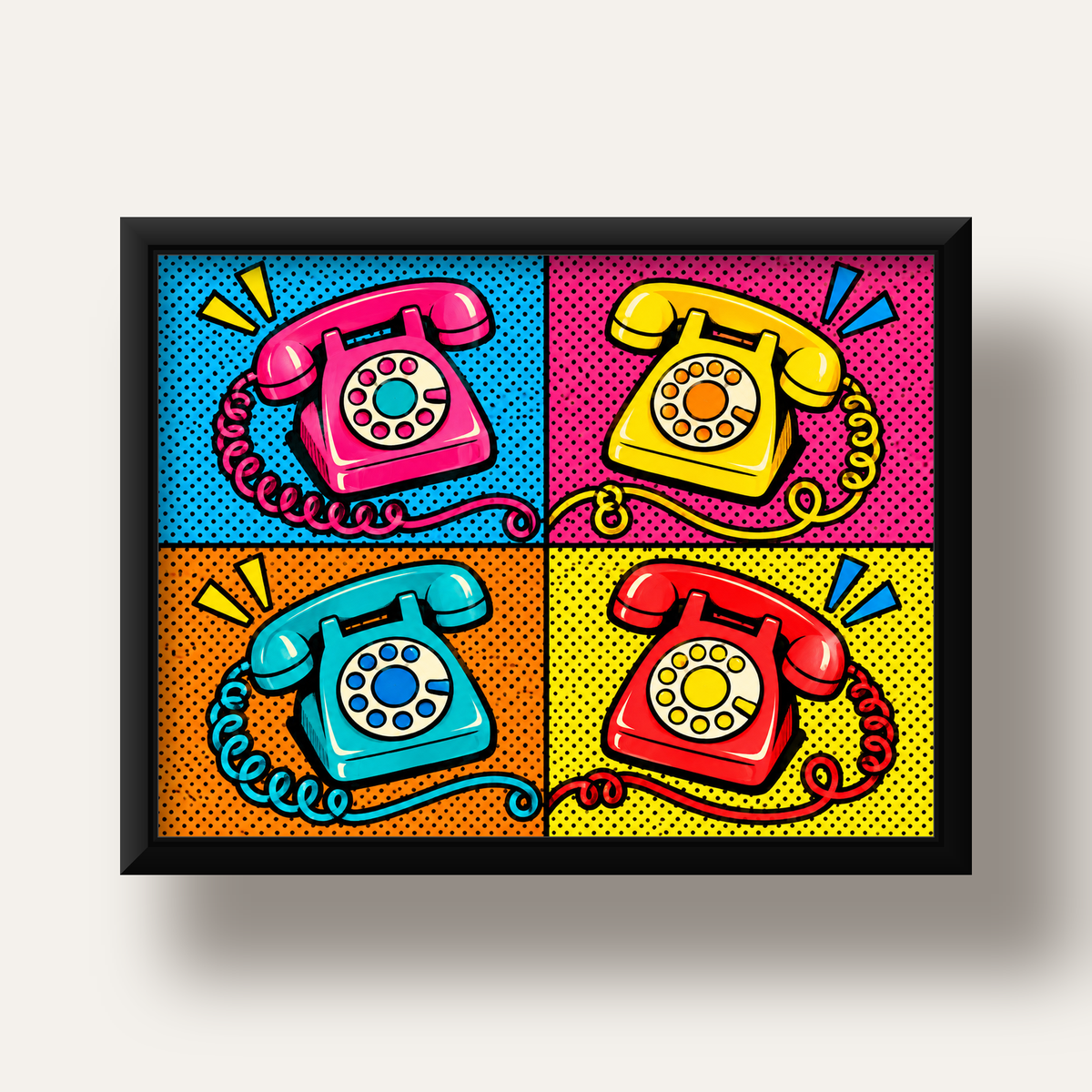 Retro Pop Art Telefonlar Poster – Canlı 4 Bölmeli Tasarım — siyah derin çerçeveli
