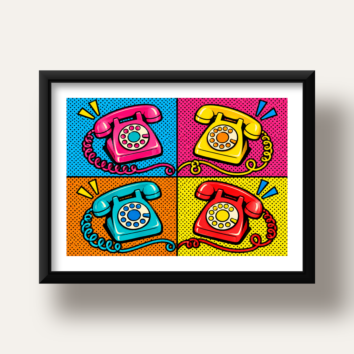 Retro Pop Art Telefonlar Poster – Canlı 4 Bölmeli Tasarım — siyah derin çerçeveli paspartulu
