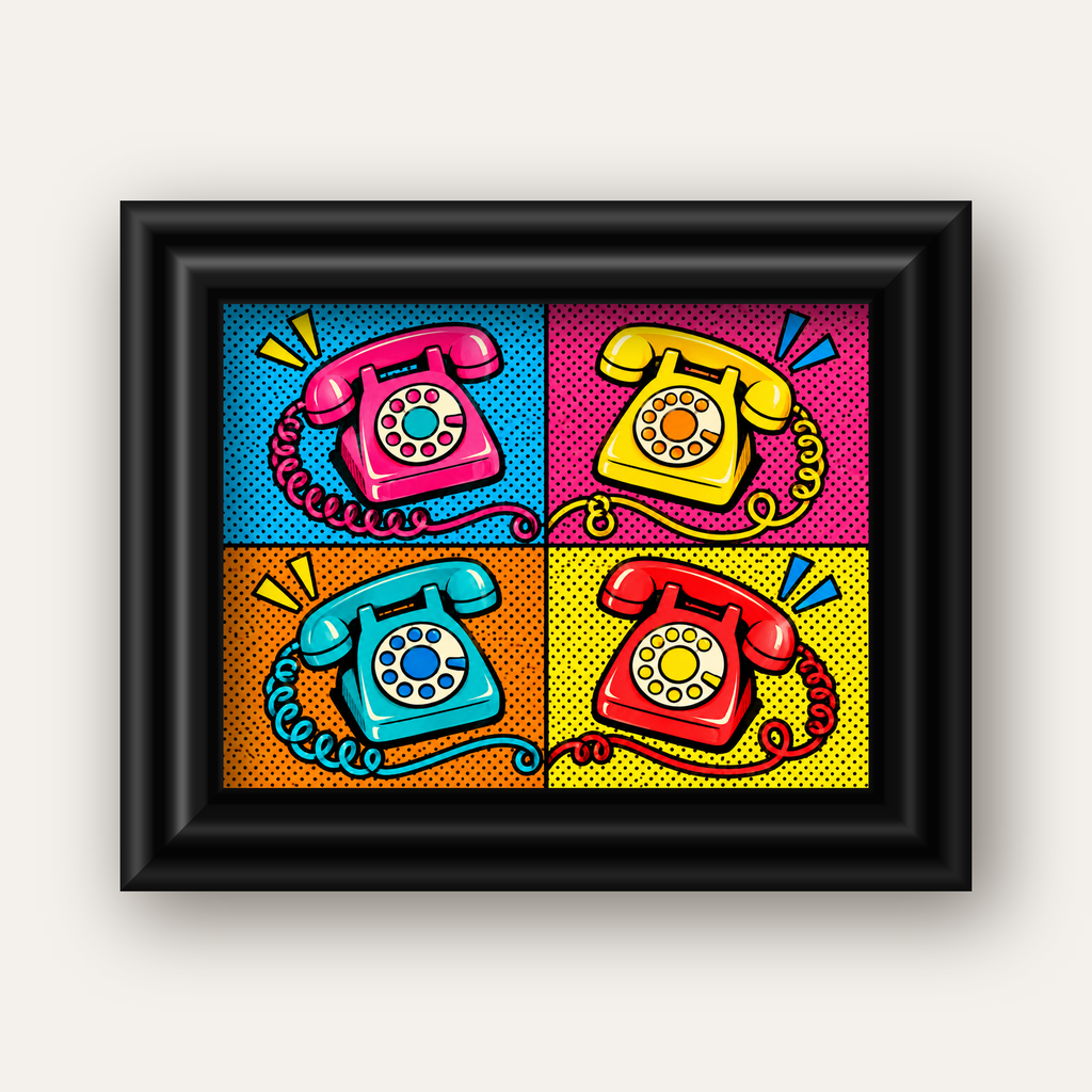 Retro Pop Art Telefonlar Poster – Canlı 4 Bölmeli Tasarım — siyah galeri çerçeveli