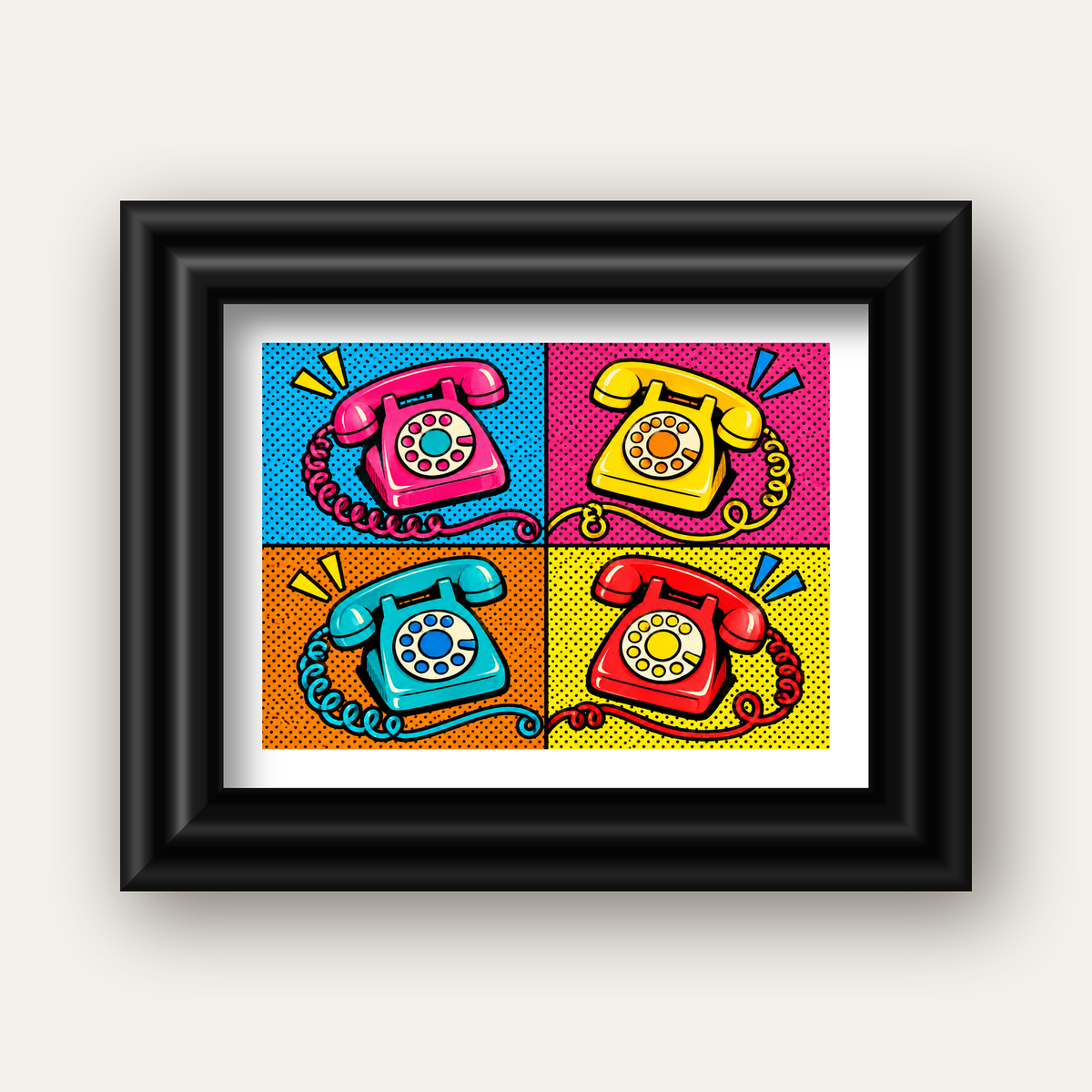 Retro Pop Art Telefonlar Poster – Canlı 4 Bölmeli Tasarım — siyah galeri çerçeveli paspartulu
