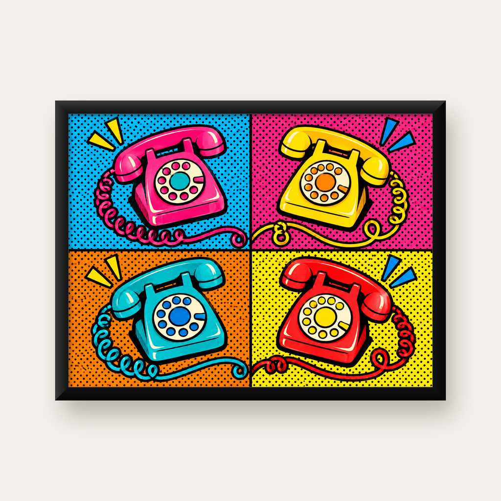 Retro Pop Art Telefonlar Poster – Canlı 4 Bölmeli Tasarım — Yatay baskı, düz siyah çerçeveli duvar posteri
