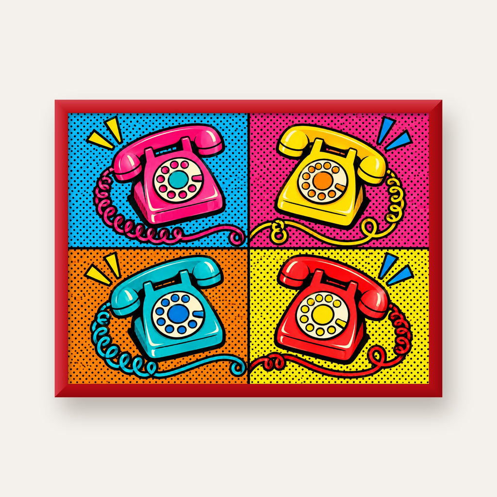Retro Pop Art Telefonlar Poster – Canlı 4 Bölmeli Tasarım — kırmızı çerçeveli
