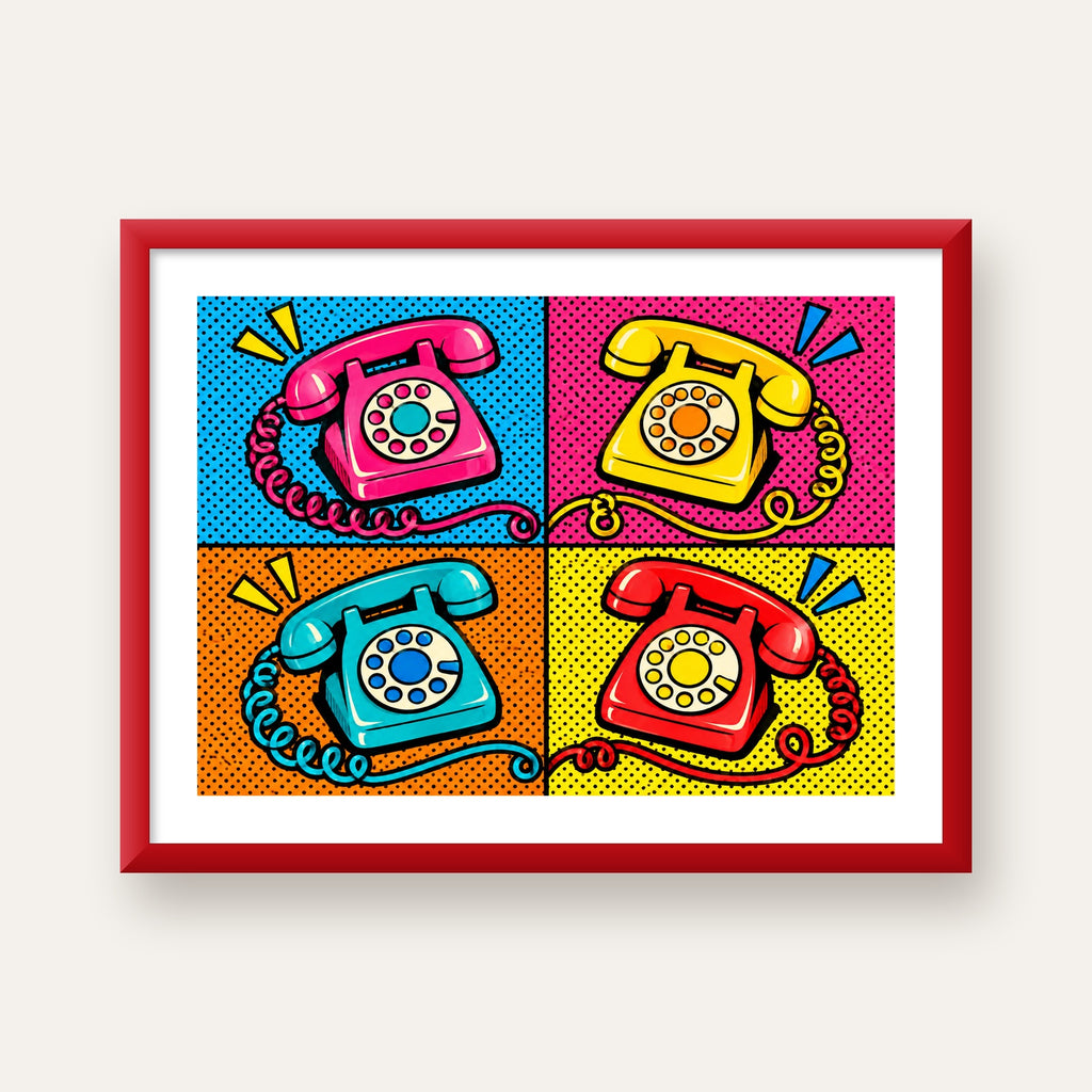 Retro Pop Art Telefonlar Poster – Canlı 4 Bölmeli Tasarım — kırmızı çerçeveli paspartulu