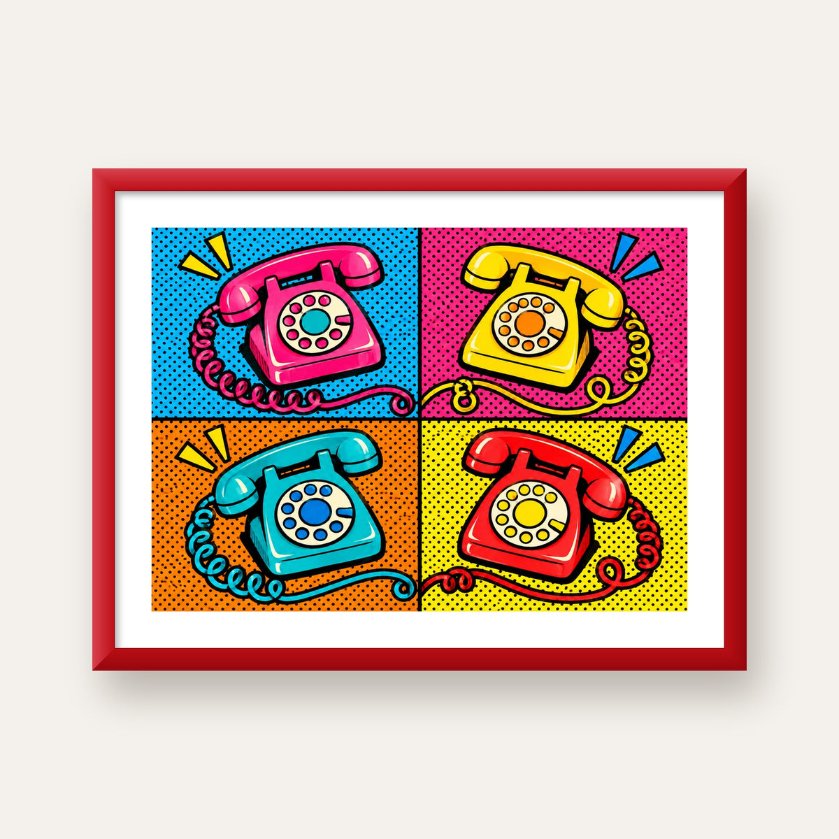 Retro Pop Art Telefonlar Poster – Canlı 4 Bölmeli Tasarım — kırmızı çerçeveli paspartulu