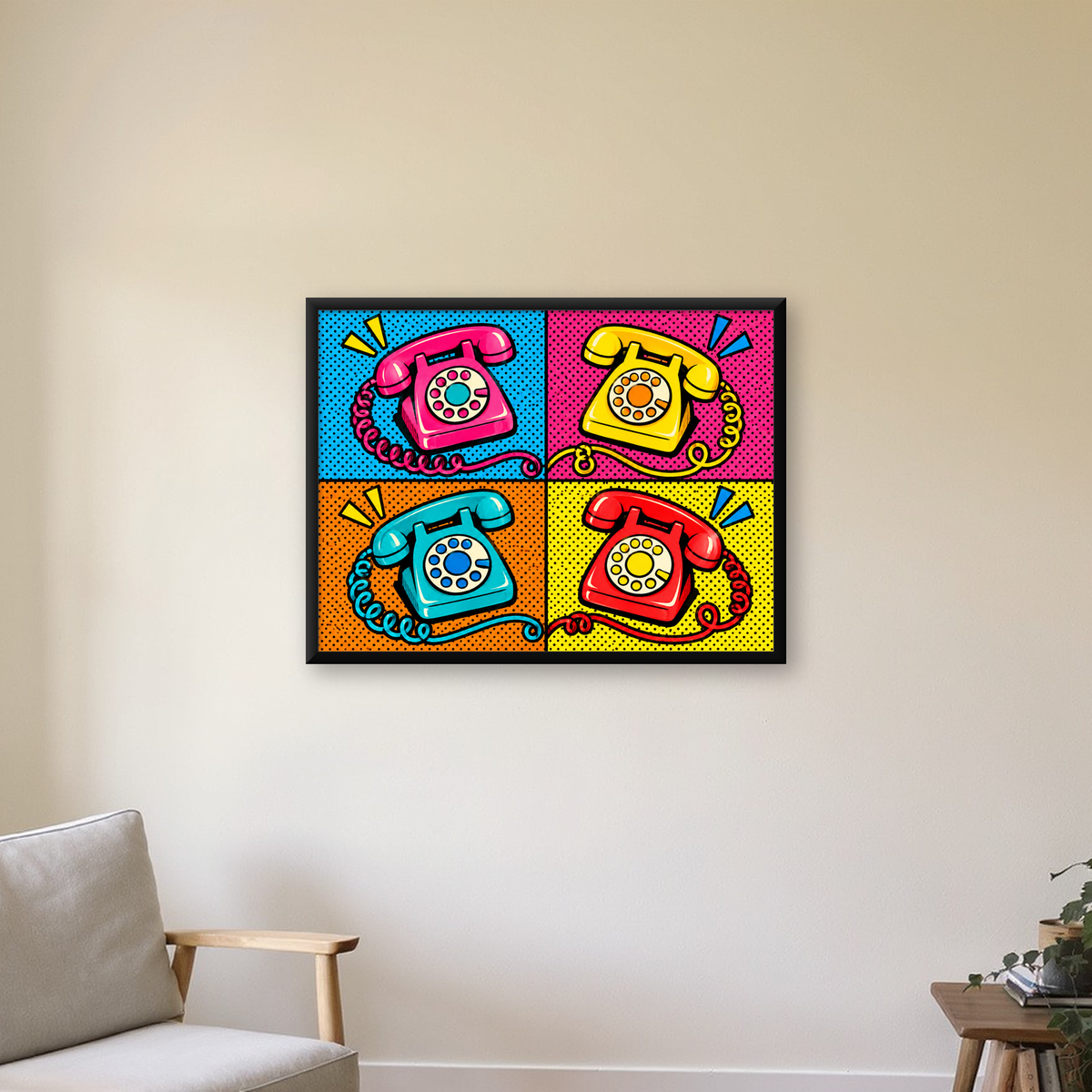 Retro Pop Art Telefonlar Poster – Canlı 4 Bölmeli Tasarım — Yatay baskı, çerçeveli hâliyle bir ev duvarında