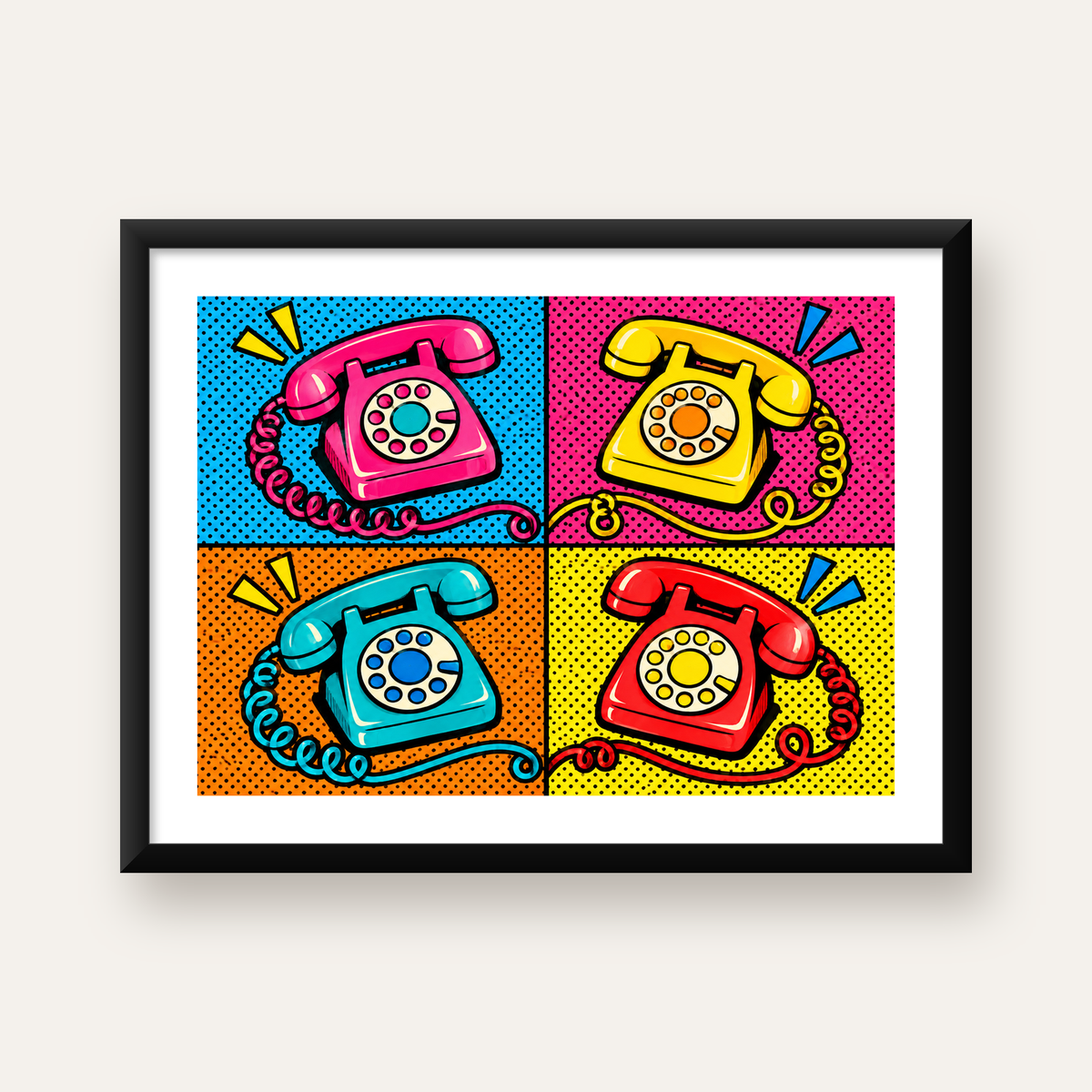 Retro Pop Art Telefonlar Poster – Canlı 4 Bölmeli Tasarım — Yatay baskı, beyaz paspartulu