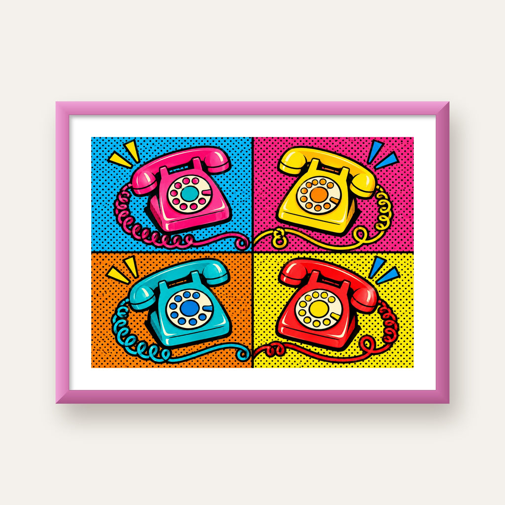 Retro Pop Art Telefonlar Poster – Canlı 4 Bölmeli Tasarım — pembe çerçeveli paspartulu