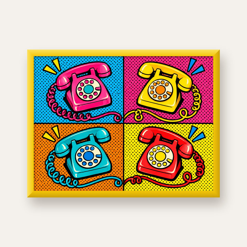 Retro Pop Art Telefonlar Poster – Canlı 4 Bölmeli Tasarım — sarı çerçeveli