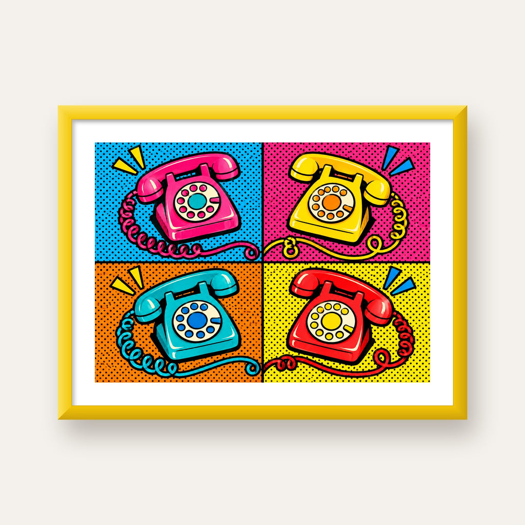 Retro Pop Art Telefonlar Poster – Canlı 4 Bölmeli Tasarım — sarı çerçeveli paspartulu