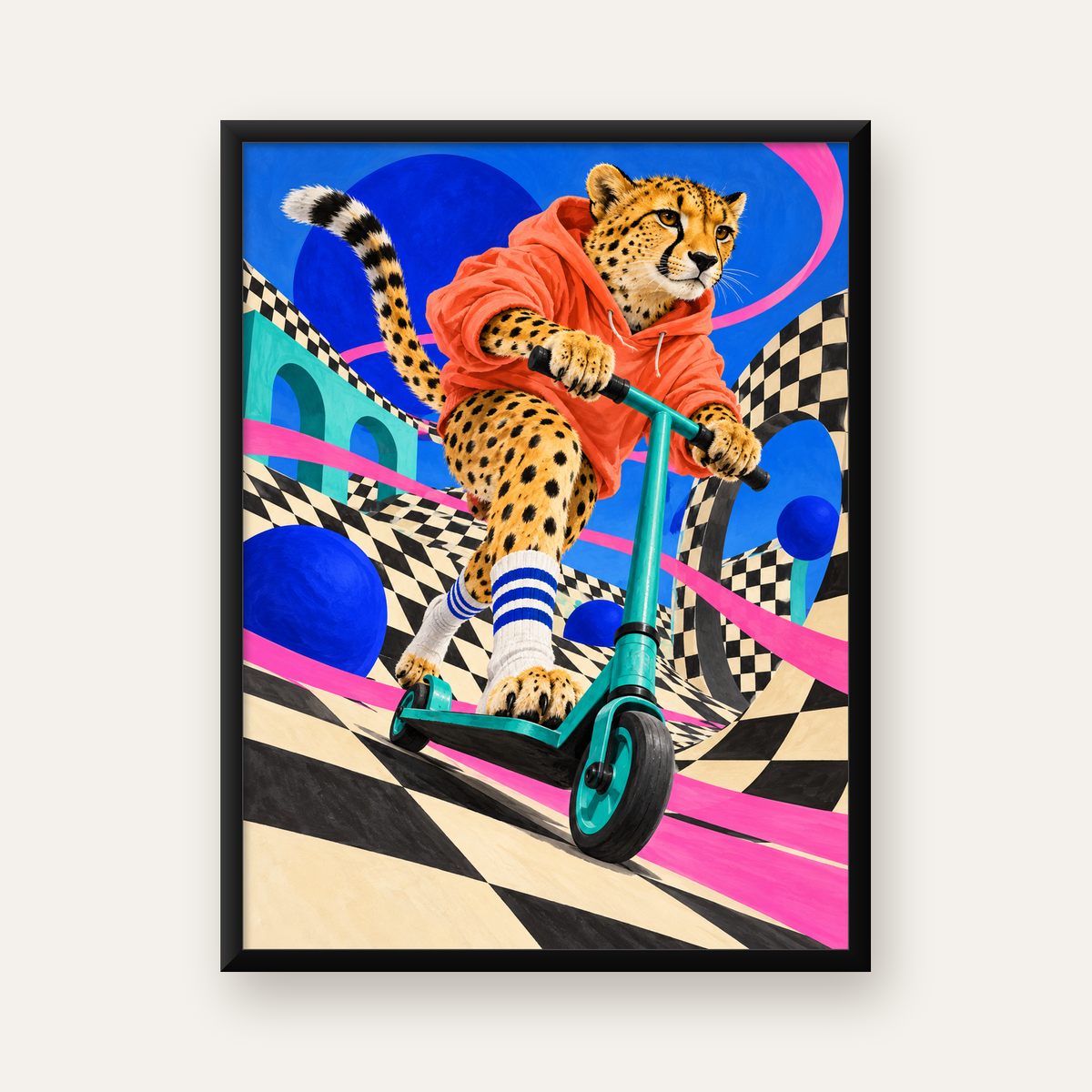 Kaykay Yapan Çita Dijital Poster – Renkli Şık Duvar Dekoru — Dikey baskı, düz siyah çerçeveli duvar posteri
