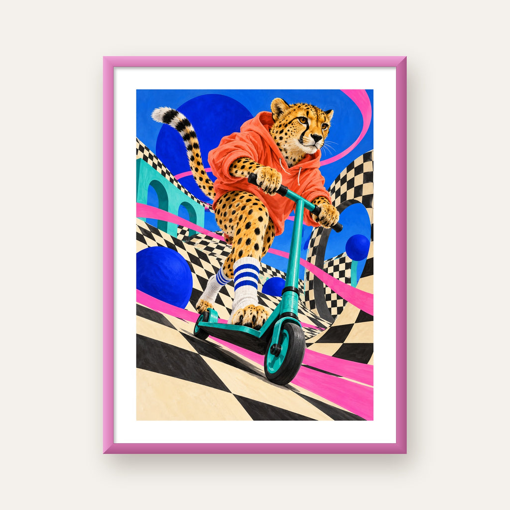Kaykay Yapan Çita Dijital Poster – Renkli Şık Duvar Dekoru — pembe çerçeveli paspartulu