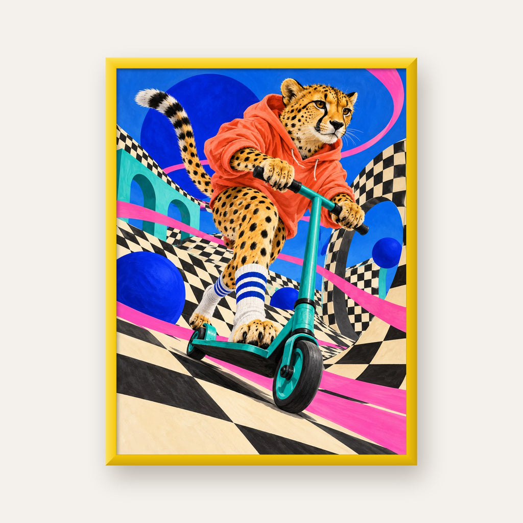 Kaykay Yapan Çita Dijital Poster – Renkli Şık Duvar Dekoru — sarı çerçeveli