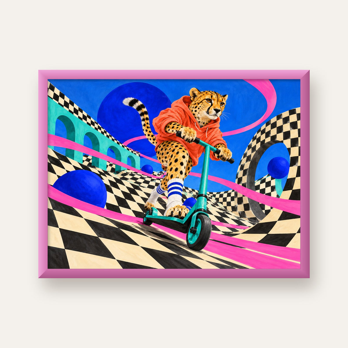 Kaykay Yapan Çita Dijital Poster – Renkli Şık Duvar Dekoru — pembe çerçeveli