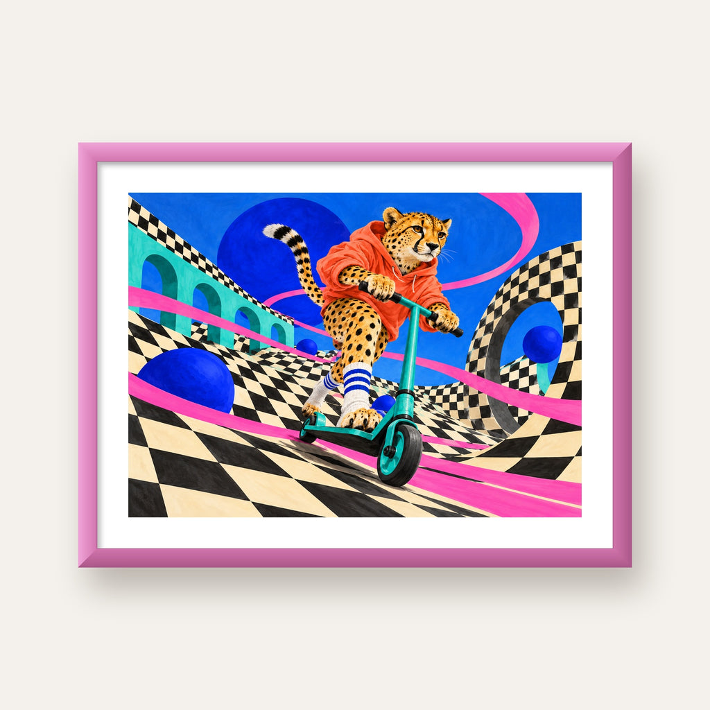 Kaykay Yapan Çita Dijital Poster – Renkli Şık Duvar Dekoru — pembe çerçeveli paspartulu