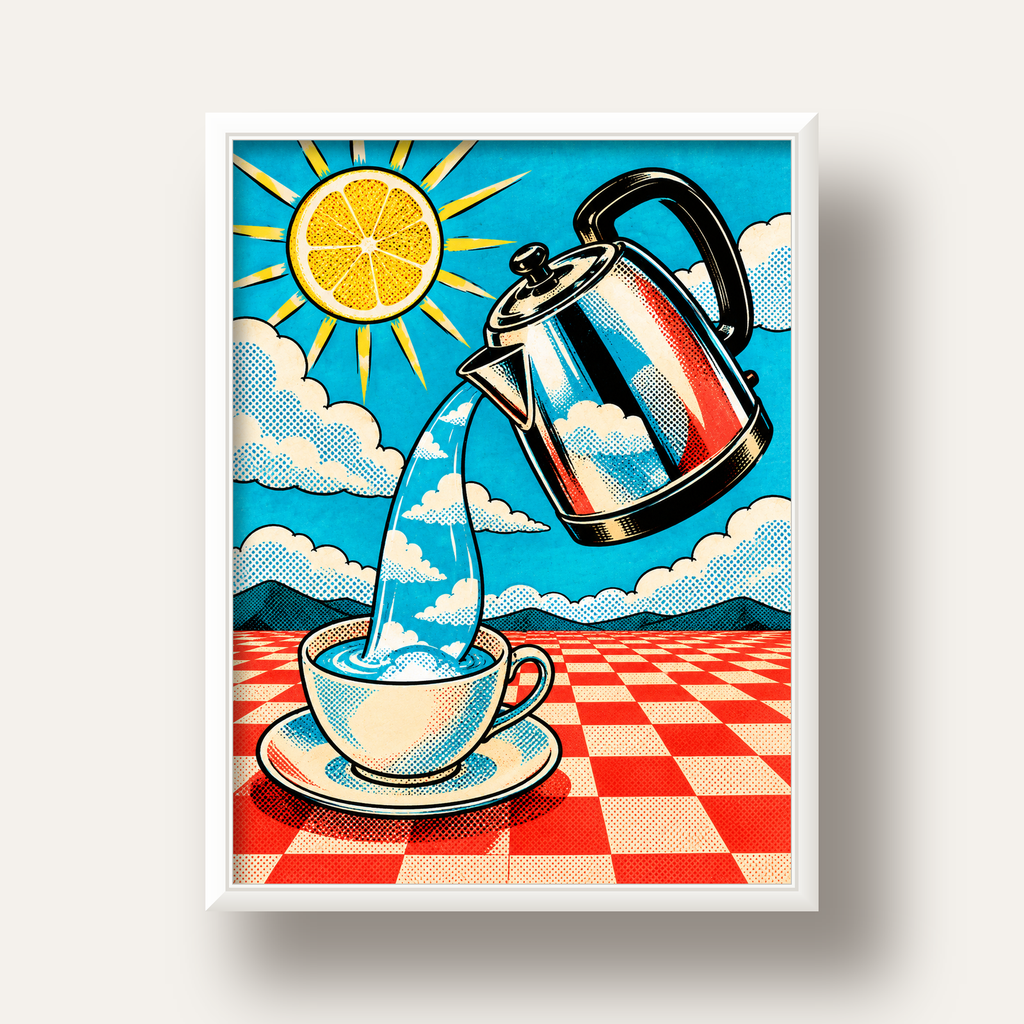 Retro Çay Konsepti Pop Art Poster – Renkli Modern Dekor — beyaz derin çerçeveli
