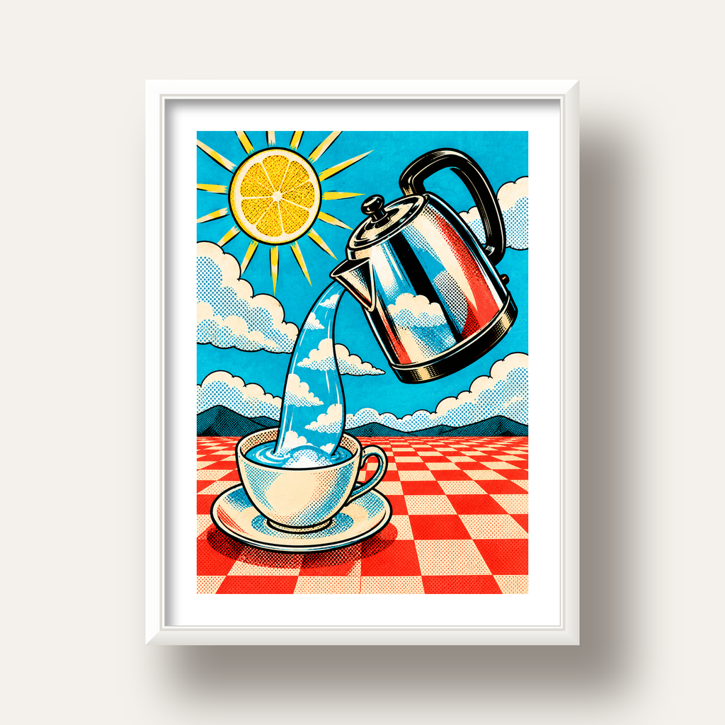 Retro Çay Konsepti Pop Art Poster – Renkli Modern Dekor — beyaz derin çerçeveli paspartulu