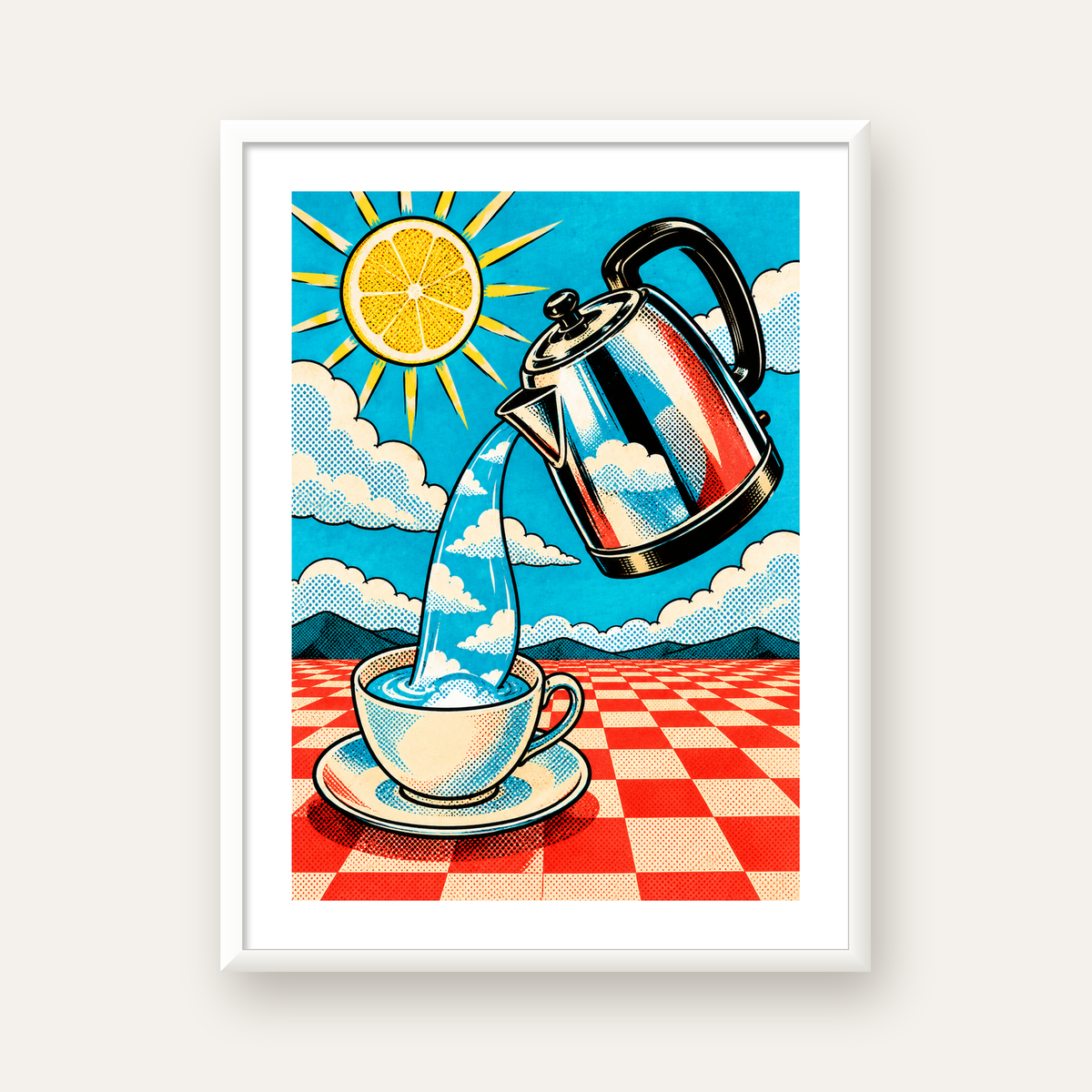 Retro Çay Konsepti Pop Art Poster – Renkli Modern Dekor — beyaz çerçeveli dikey poster