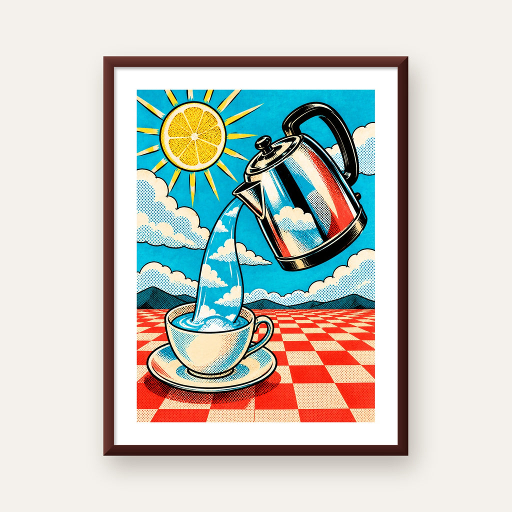 Retro Çay Konsepti Pop Art Poster – Renkli Modern Dekor — ceviz çerçeveli paspartulu