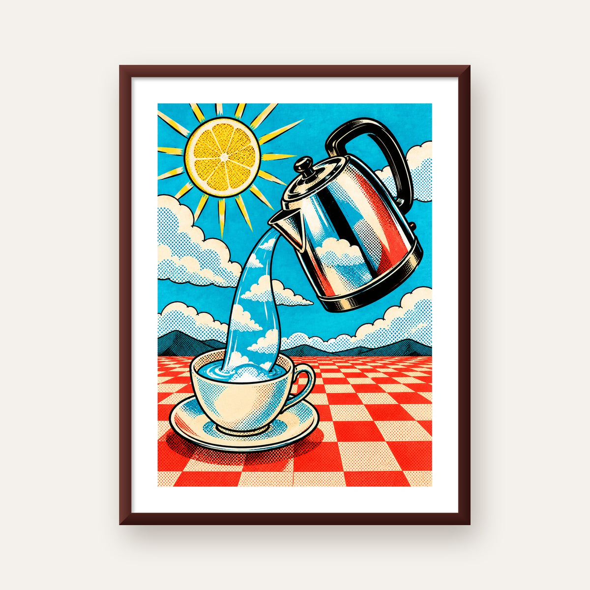 Retro Çay Konsepti Pop Art Poster – Renkli Modern Dekor — ceviz çerçeveli paspartulu