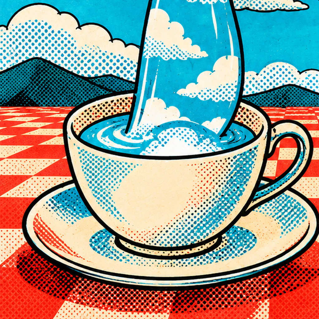 Retro Çay Konsepti Pop Art Poster – Renkli Modern Dekor — baskının yakın çekimi, kâğıt dokusu ve renk detayı