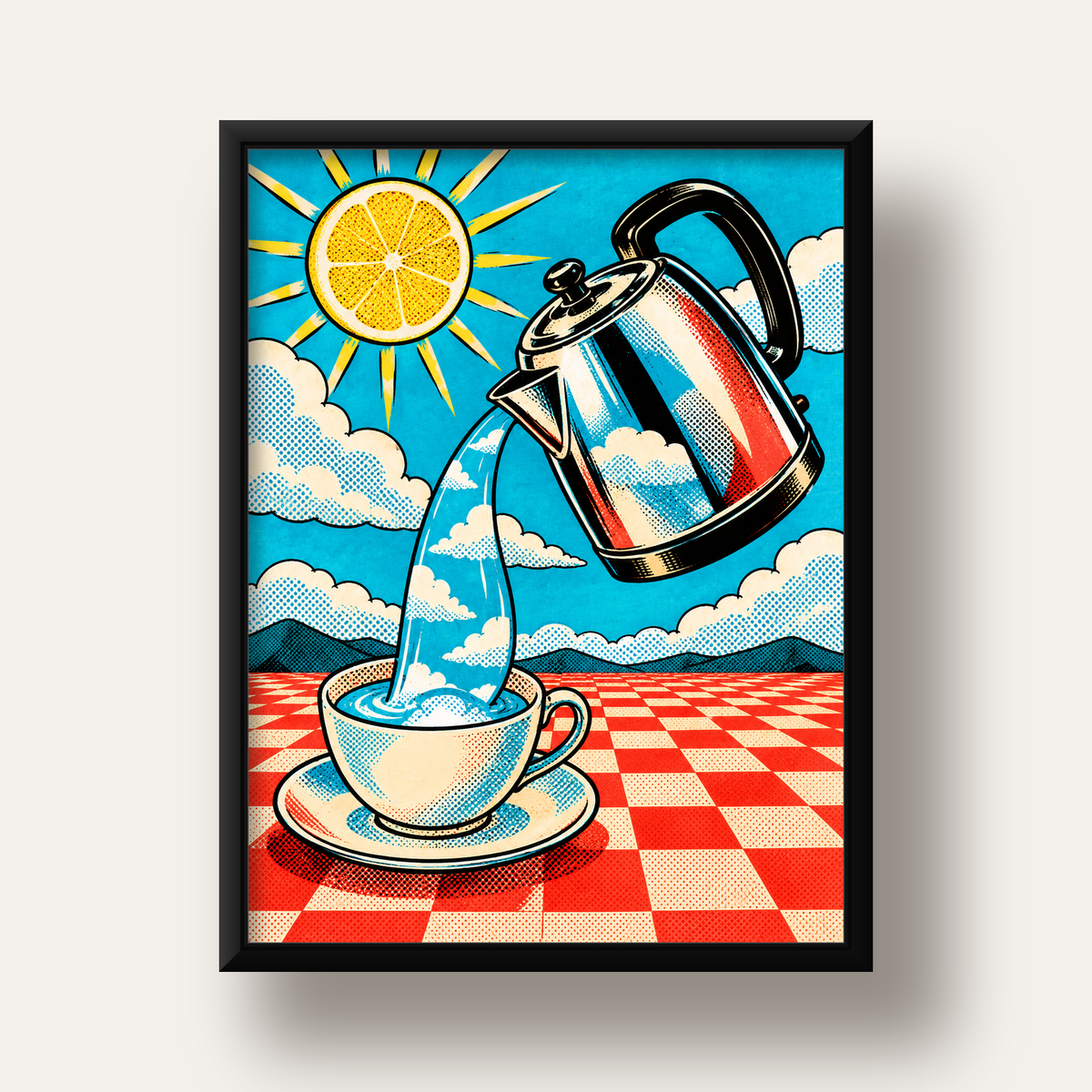 Retro Çay Konsepti Pop Art Poster – Renkli Modern Dekor — siyah derin çerçeveli
