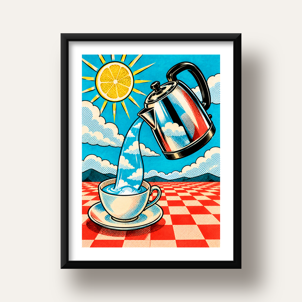 Retro Çay Konsepti Pop Art Poster – Renkli Modern Dekor — siyah derin çerçeveli paspartulu