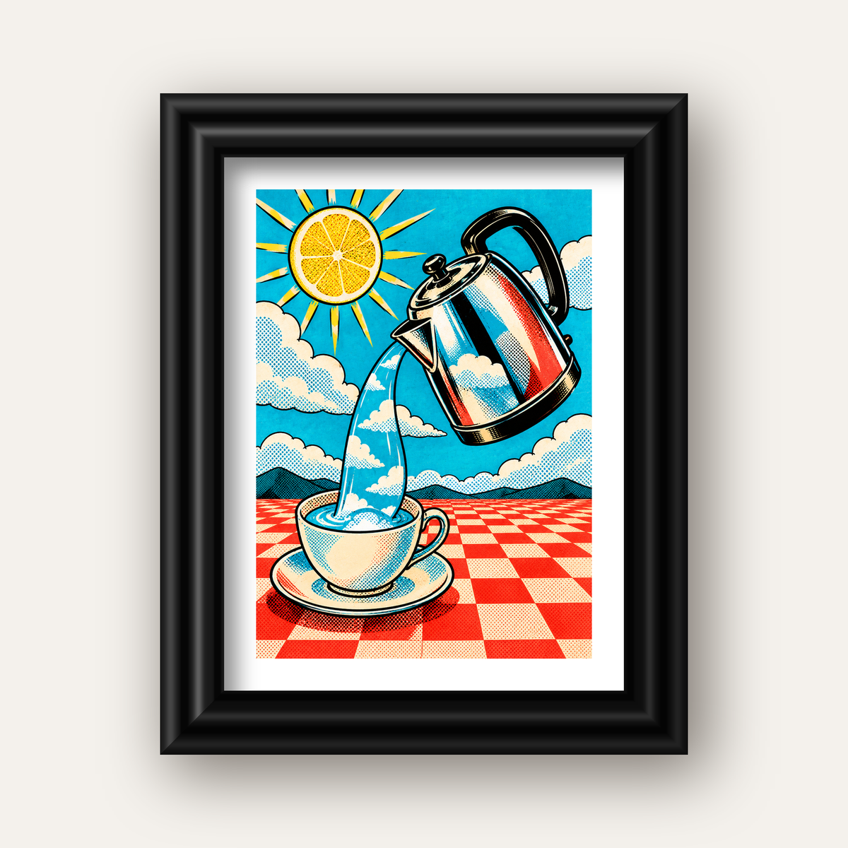 Retro Çay Konsepti Pop Art Poster – Renkli Modern Dekor — siyah galeri çerçeveli paspartulu