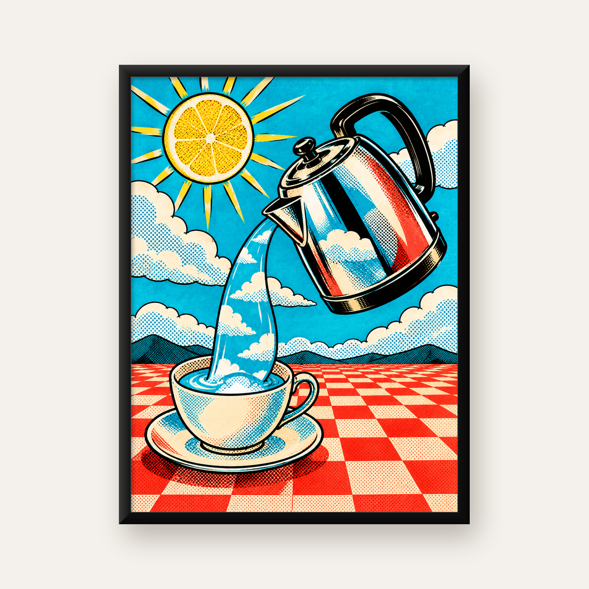 Retro Çay Konsepti Pop Art Poster – Renkli Modern Dekor — Dikey baskı, düz siyah çerçeveli duvar posteri