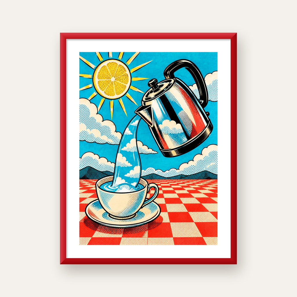 Retro Çay Konsepti Pop Art Poster – Renkli Modern Dekor — kırmızı çerçeveli paspartulu